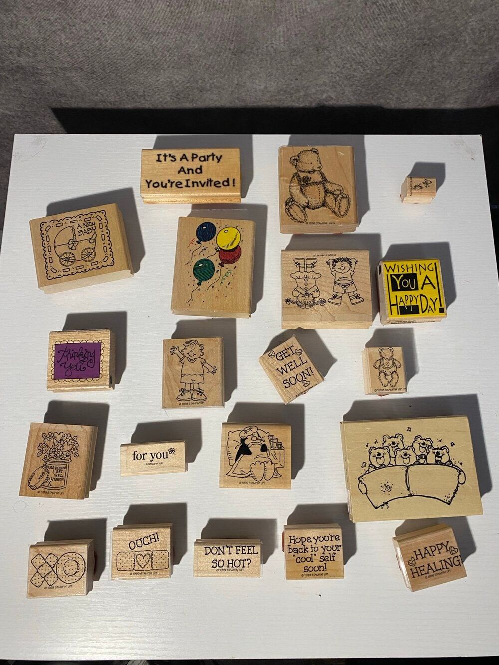 20pc Vintage Rubber Stamp Lot Stampin’ Up! Bright Line Mixed Bears Get Well